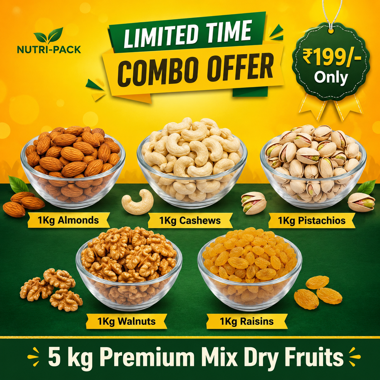 5KG Premium Mix Dry Fruits Combo – Almonds, Cashews, Pistachios, Walnuts & Raisins