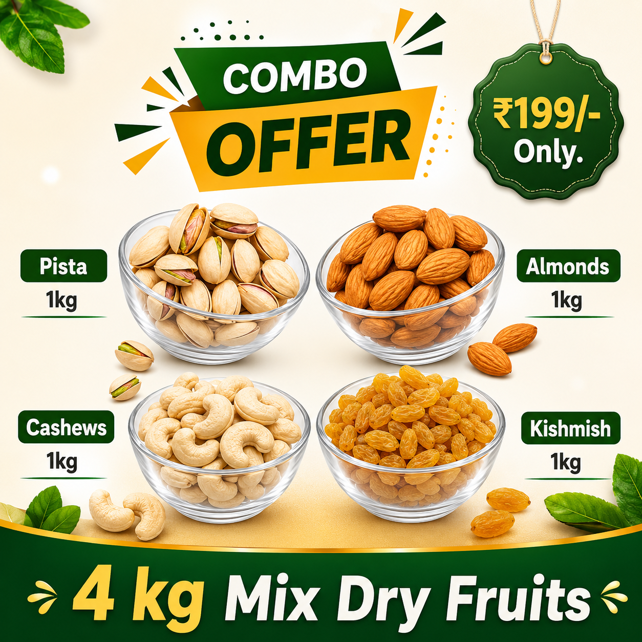 Premium 4KG Mix Dry Fruits Combo – Almonds, Cashews, Pistachios & Kishmish (1KG Each)