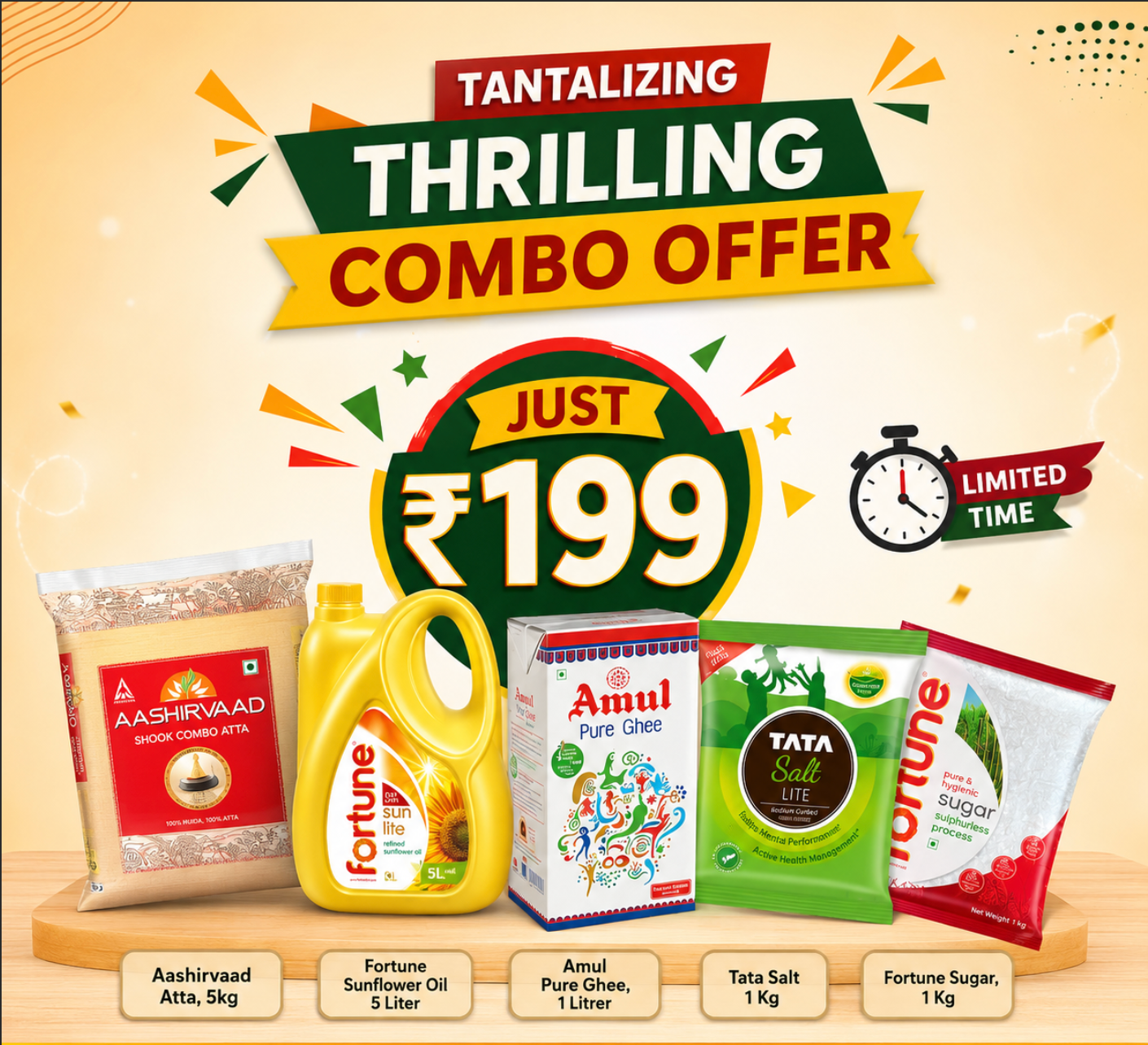 Daily Essentials Mega Saver Combo – Atta 10KG, Basmati Rice 5KG, Sugar 5KG & Soya Oil 5L